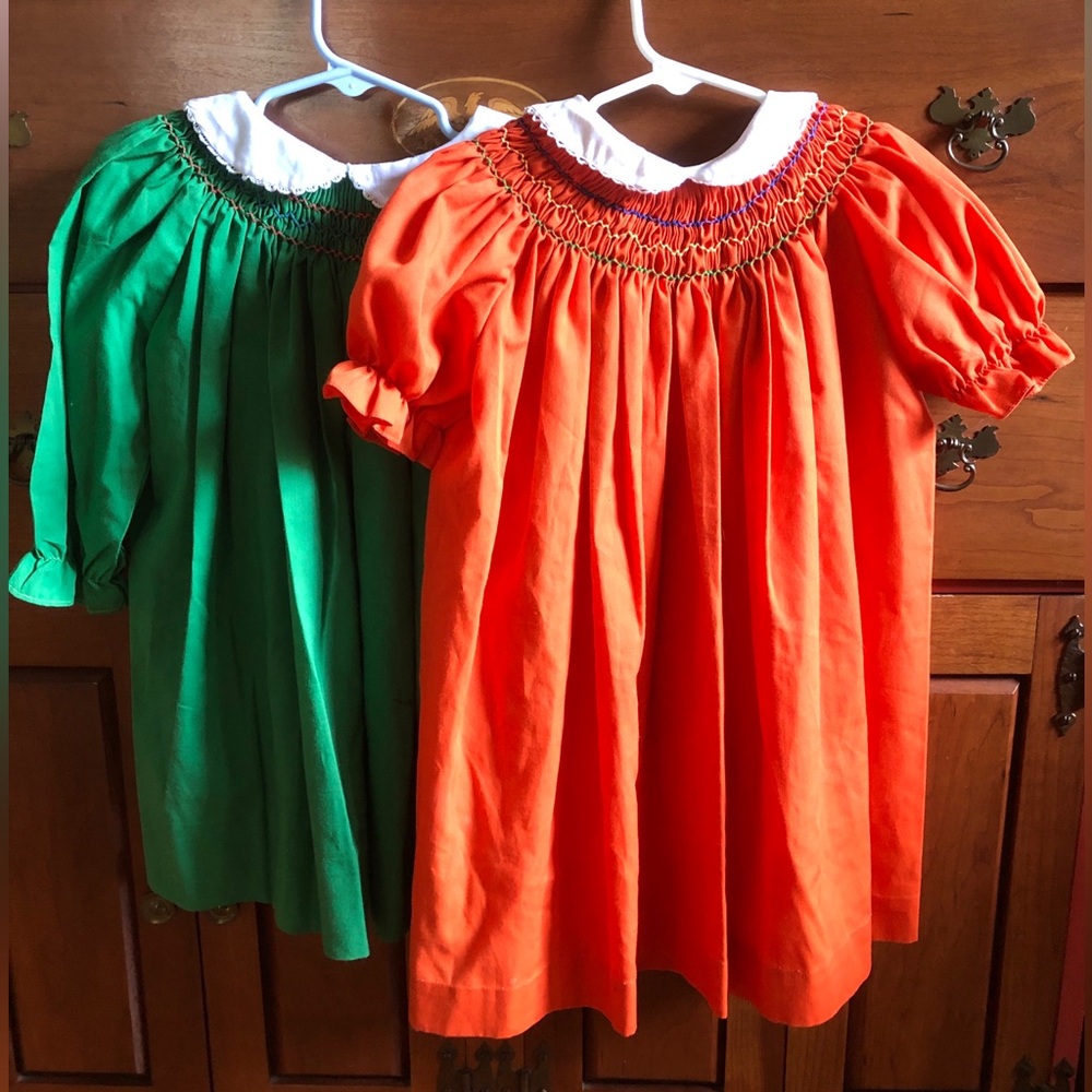 VTG Set of Orange and Green Smocked Dresses 4T